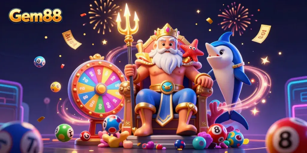 Experience Gem88's vibrant casino atmosphere with colorful lottery elements and dynamic characters.