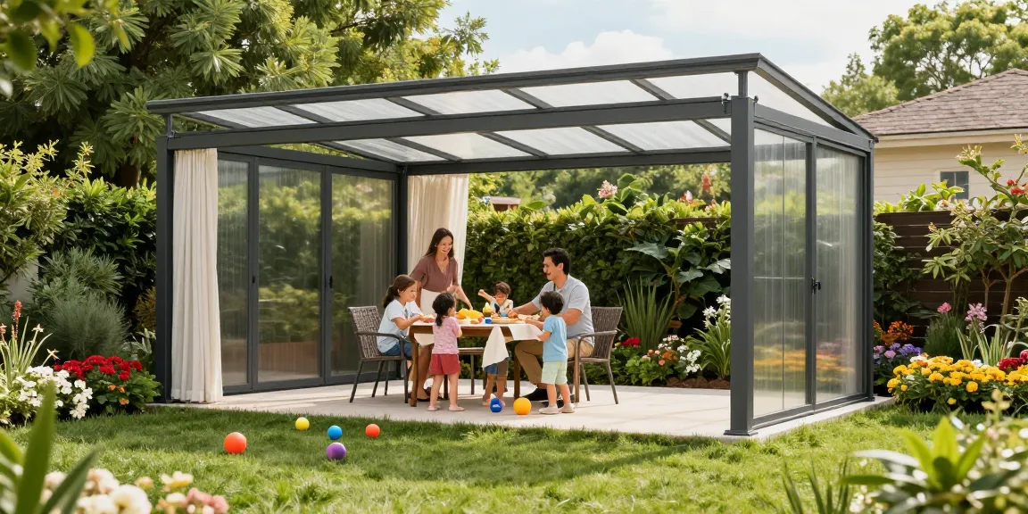 Freistehende Terrassenüberdachung in einem einladenden Garten mit Familie, die unter dem Dach feiert.
