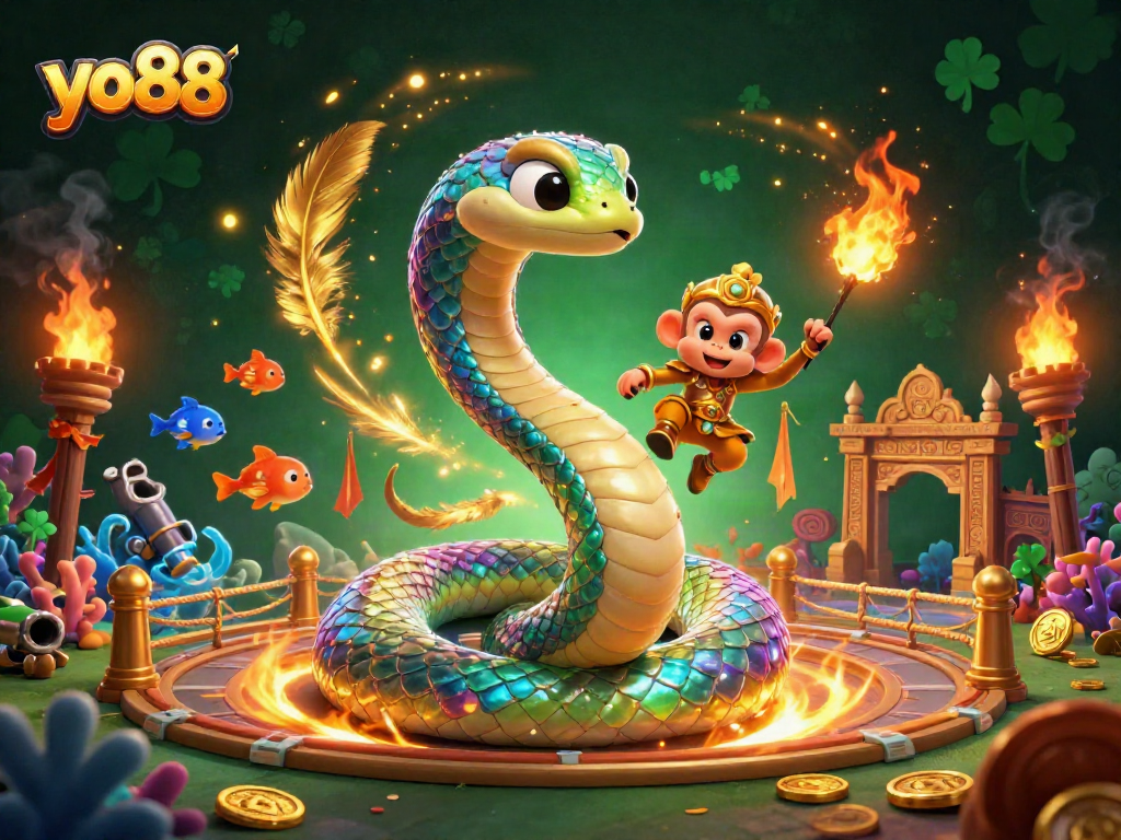 Experience thrilling fish shooting action with yo88's vibrant illustration featuring magical creatures and golden treasures.