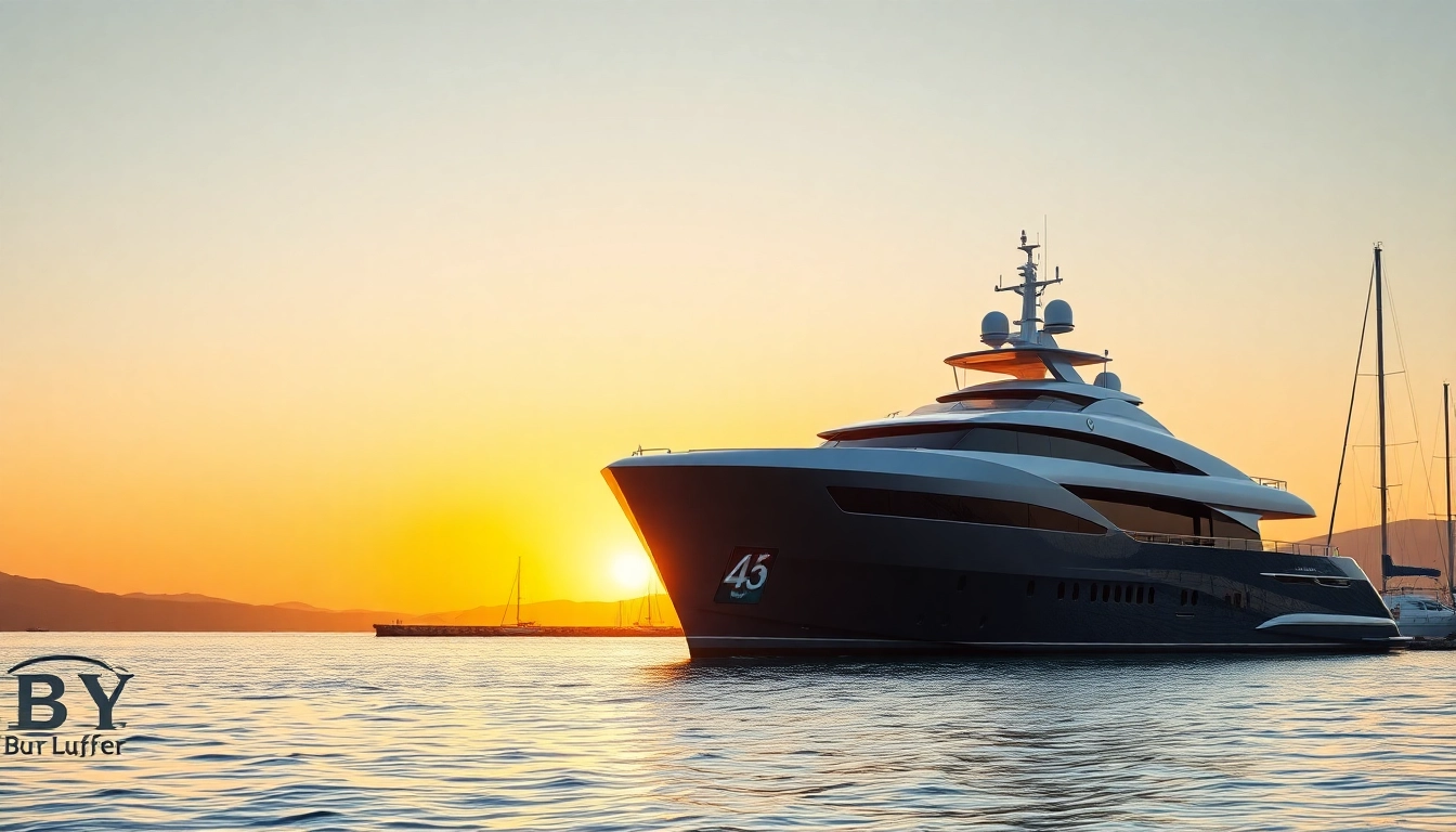 Mega Lüfer Yachts majestically anchored in a serene marina during sunset.
