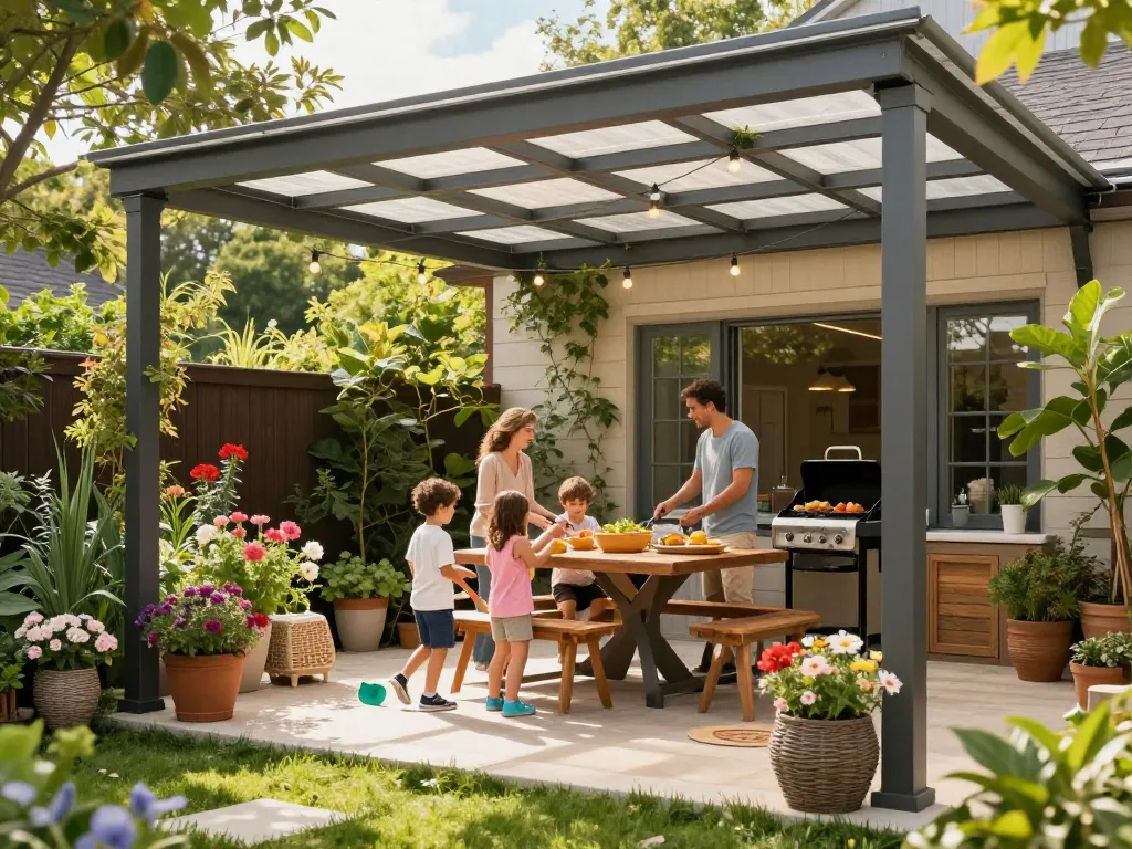 Zeit mit Familie unter einer stilvollen Terrassenüberdachung in einer lebhaften Gartenumgebung genießen.