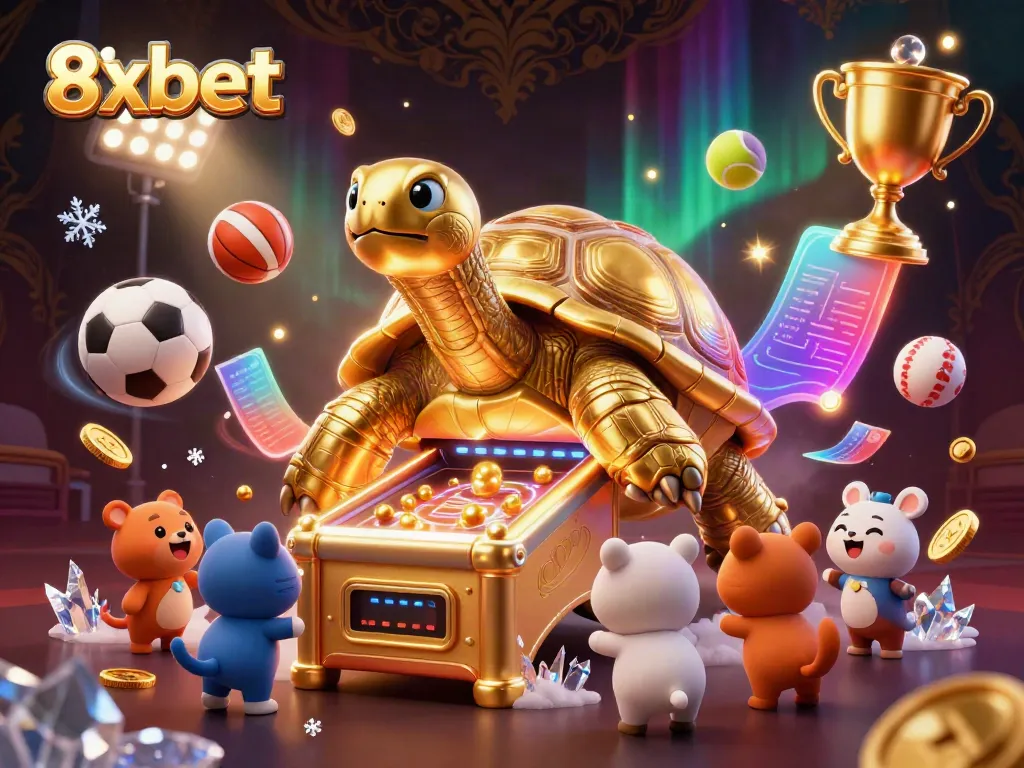 Engage with 8xbet's thrilling gaming experience in a vibrant 3D casino illustration.
