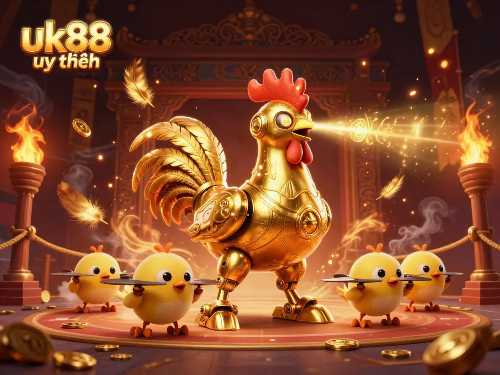 Engage with the vibrant dynamic scene showcasing the golden rooster robot, representing uk88 uy tín casino's exciting gaming experience.