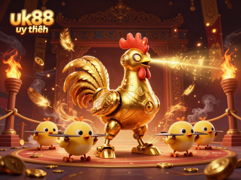 Engage with the vibrant dynamic scene showcasing the golden rooster robot, representing uk88 uy tín casino's exciting gaming experience.