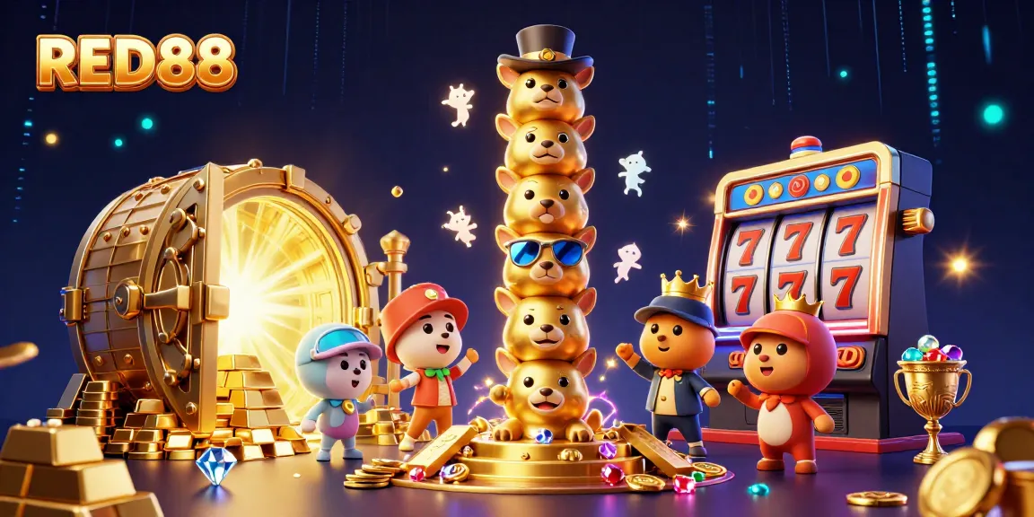 Experience the thrill of slots and jackpots at RED88 with a vibrant totem pole and treasures.