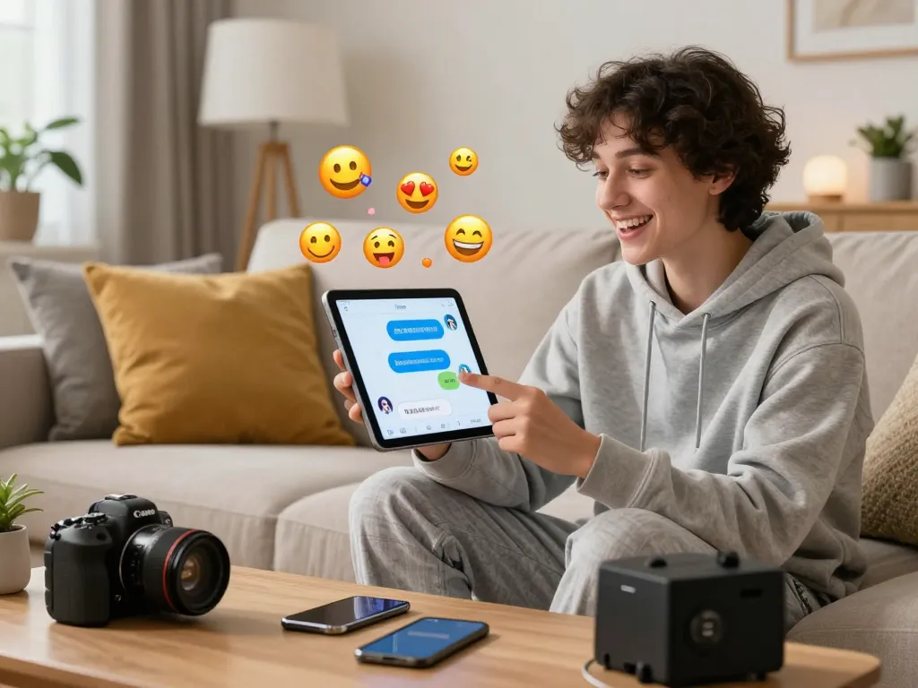 Interactive user engaging with a playful NSFW chat bot on a tablet in a cozy living room setting.