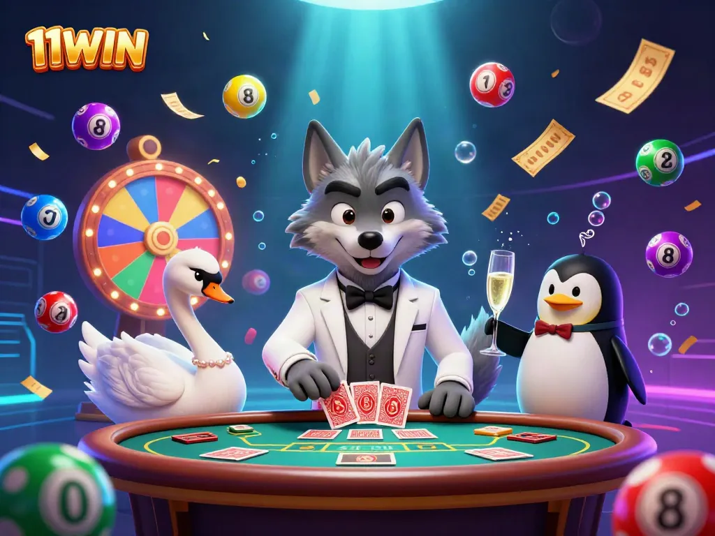 11WIN showcases a vibrant casino scene with characters and dynamic gambling elements.