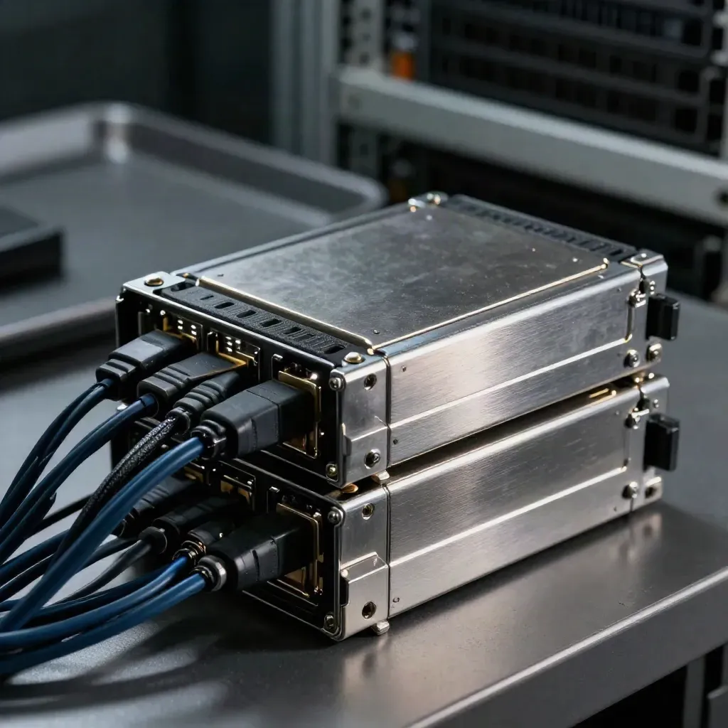 Server-Drive-Sleds mit geflochtenen Kabeln auf gebürstetem Metall im dunklen Technik-Look.