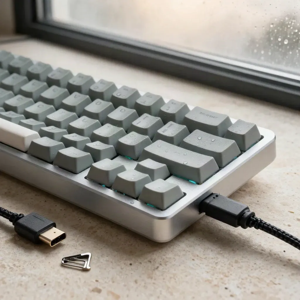 Makro eines Aluminium-Tastaturrahmens mit Kabel, SSD-Schlitten und Steinplatte im Morgenlicht