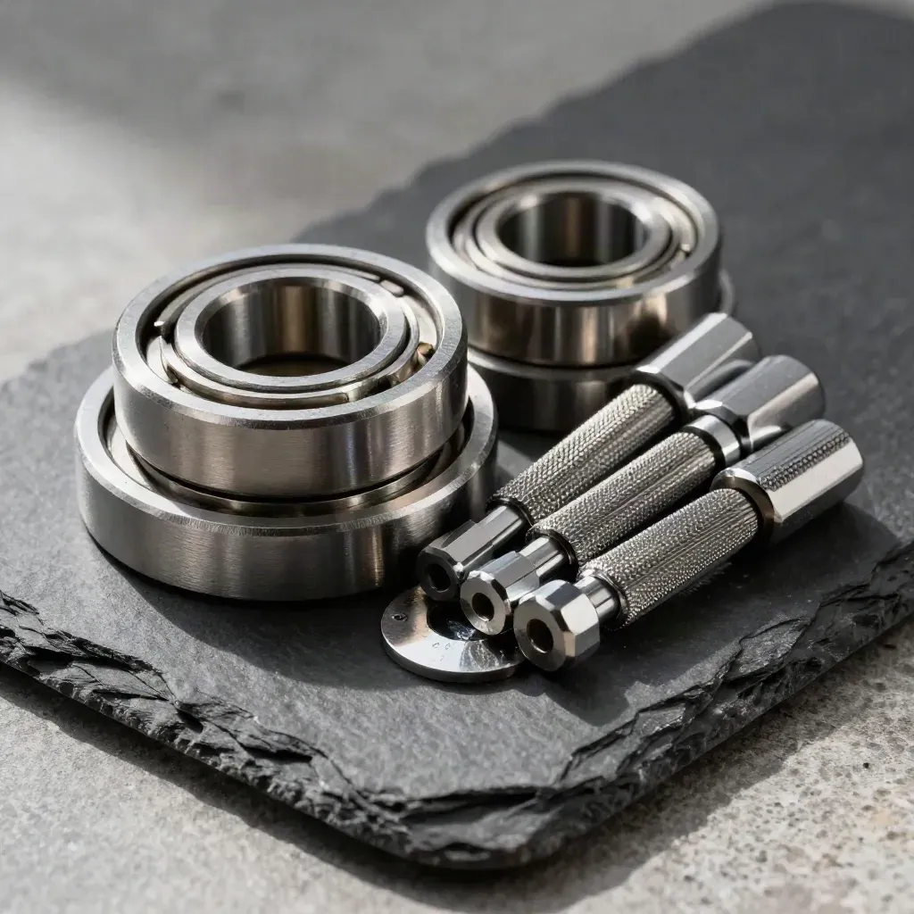Makro von Metallringen, Distanzhülsen und Innensechskant-Werkzeugen auf dunklem Schiefer.