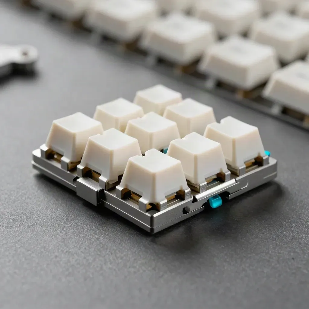 Makro einer Tastatur-Montage mit Keycaps und Spacer-Bars auf grauer Fläche.