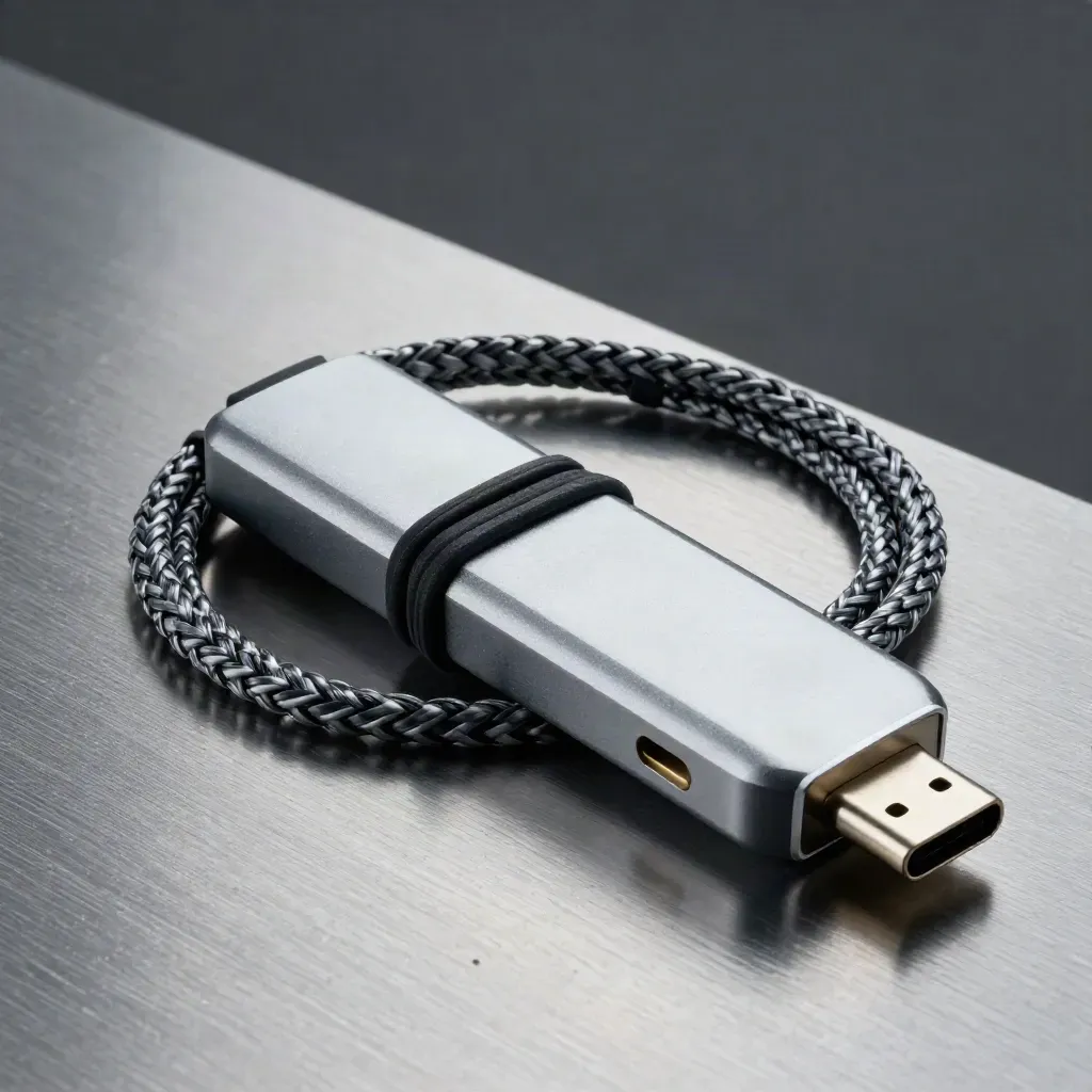 Nahaufnahme von USB-C-Adapter, geflochtenem Kabel und Gummiband auf gebürstetem Metall.