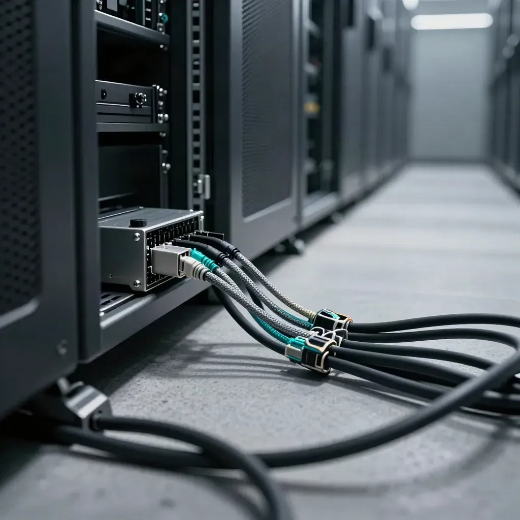 Serverkabel, Rackwinkel und Dongle an einer Serverkante, aus Bodennähe und durch ein Kabelgewirr gesehen.
