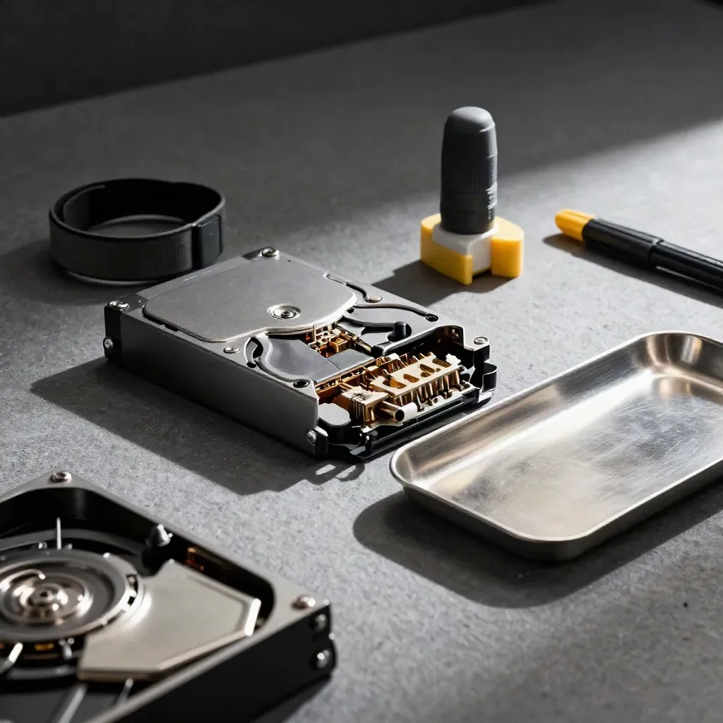 Antistatikband, Hot-Swap-Laufwerkschacht und Torx-Bit-Set auf gebürstetem Metall