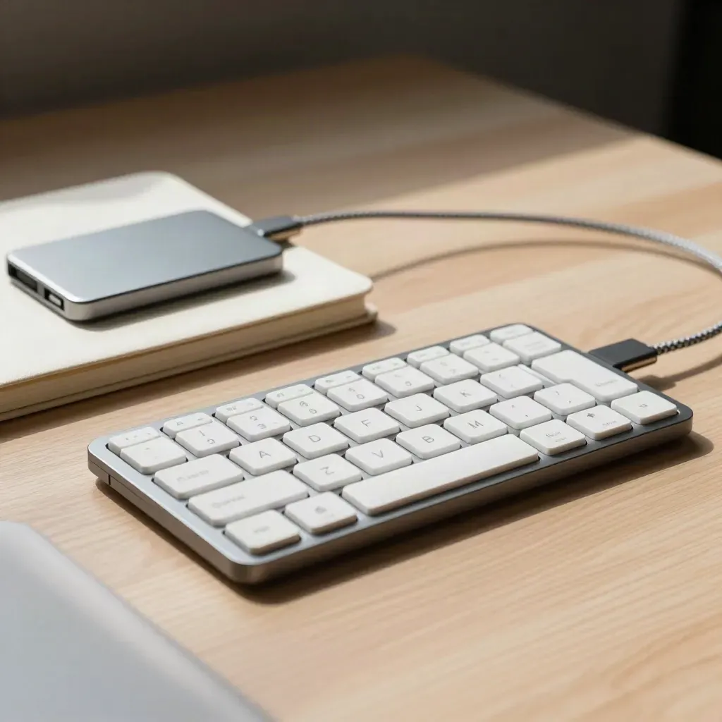 Funkelnde Tastatur, geschlossenes Notizbuch und SSD auf hellem Holz für Datenanalysten.