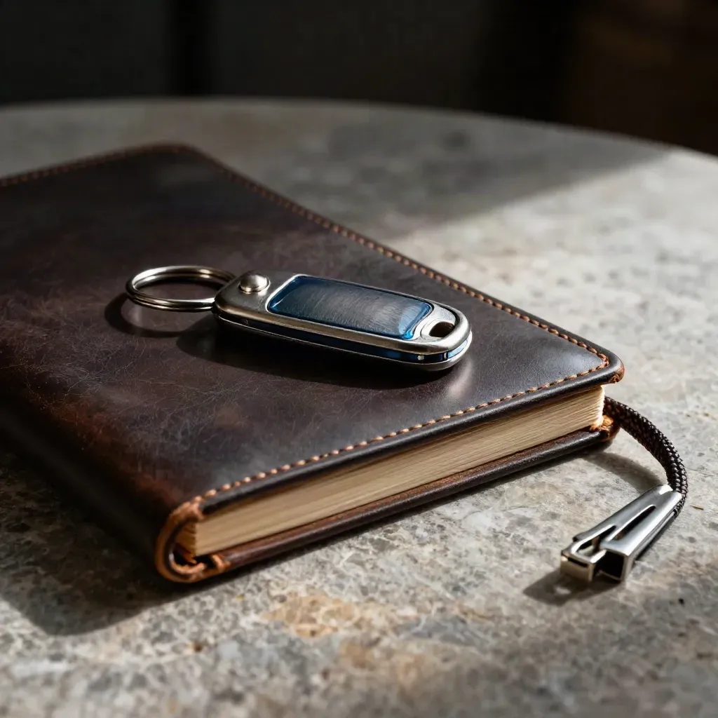 Dunkles Leder-Notizbuch, Server-Key-Fob und Edelstahl-Kabelclip auf warmem Stein, dramatisch beleuchtet.