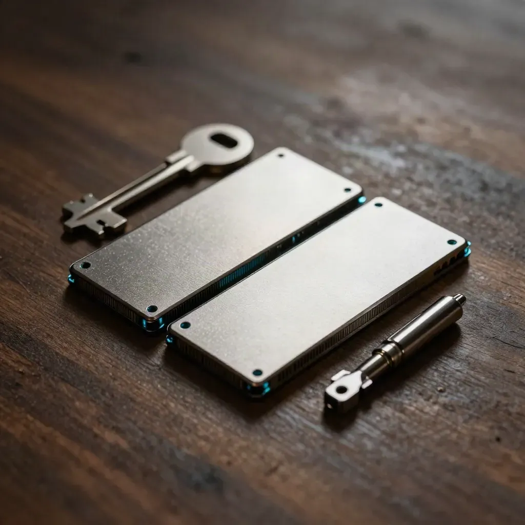 Makro von zwei SSDs, Adapter und Stiftkappe auf Holz mit kühlem Cyan-Glanz