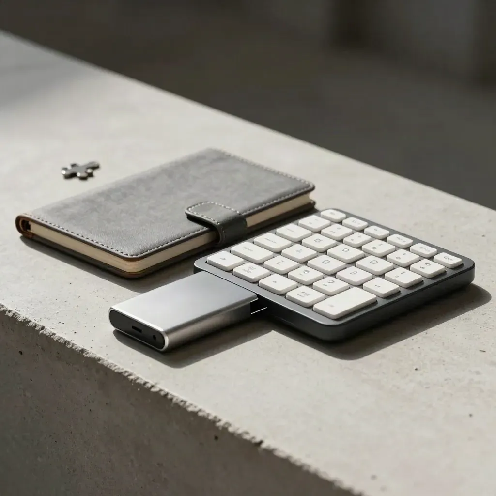 Wireless-Numpad, geschlossenes Datenheft und externer Datenträger auf hellem Beton im Streiflicht