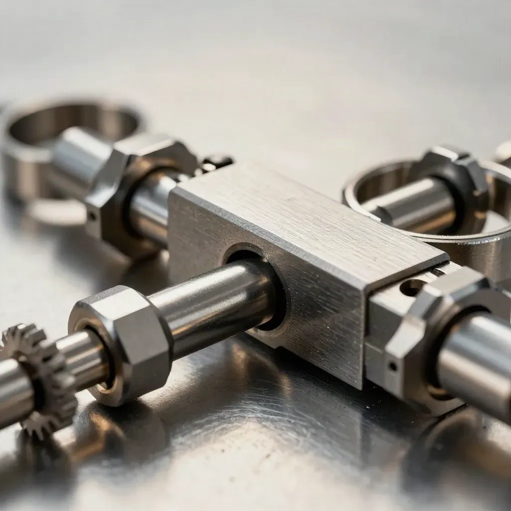 Makro von ineinandergreifenden Metallringen und Steckverbindern auf gebürstetem Stahl.