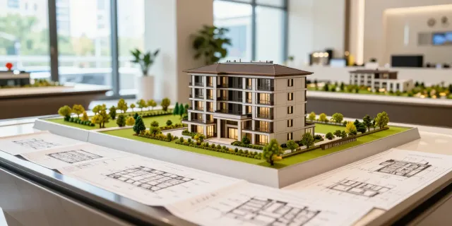 Premium Modelle Ausstellung mit einem Villenmodell in 1:100 Maßstab, umgeben von architektonischen Plänen und begrünten Elementen.
