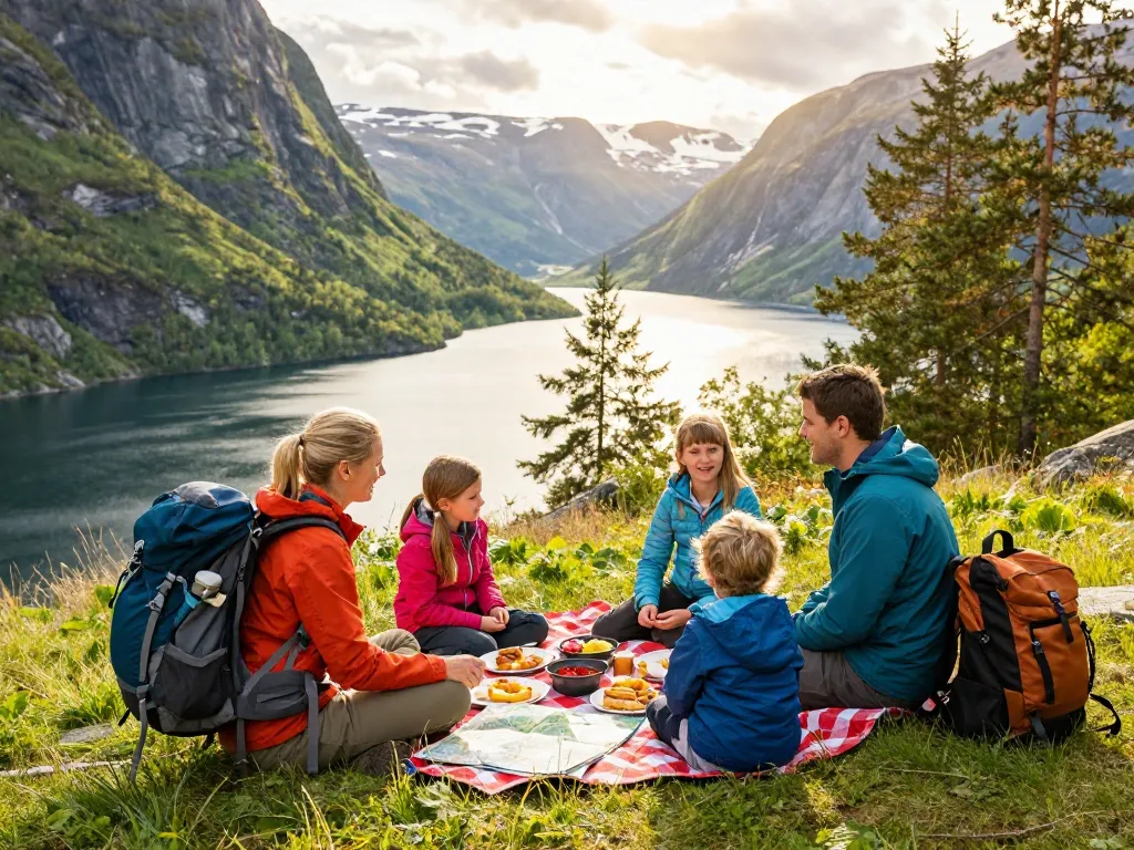 Familie genießt ein Picknick an einem norwegischen Fjord während der Erkundung von Reisetipps Skandinavien.