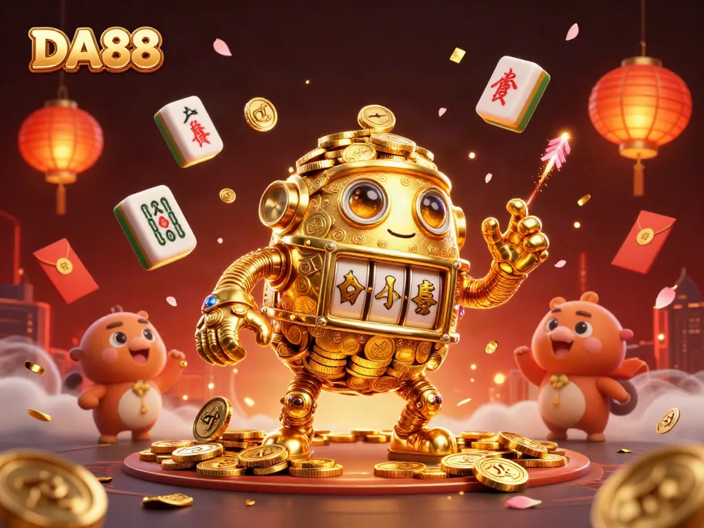 Experience thrilling gameplay at DA88 with a golden golem surrounded by vibrant casino elements.
