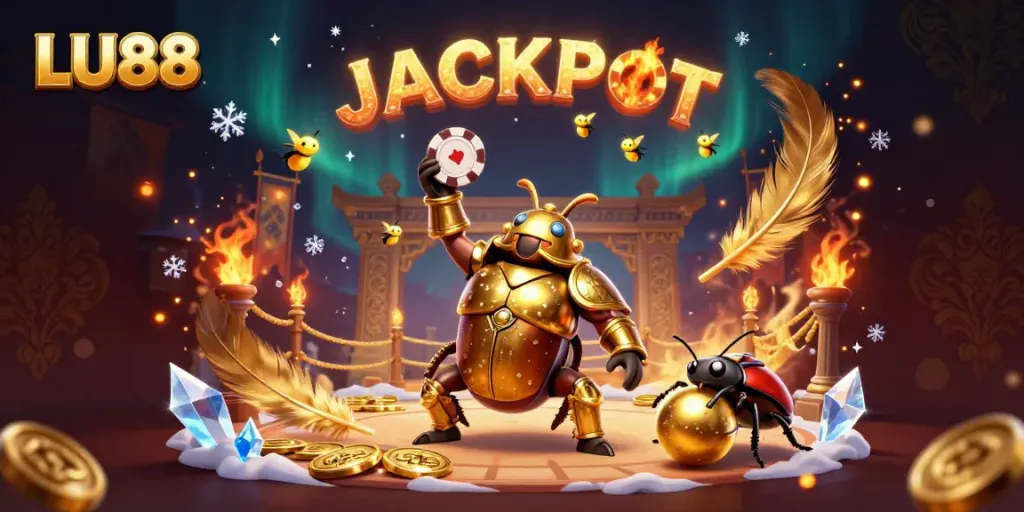 LU88 showcases a victorious beetle lifting a poker chip while fireflies spell JACKPOT in a rich casino setting.
