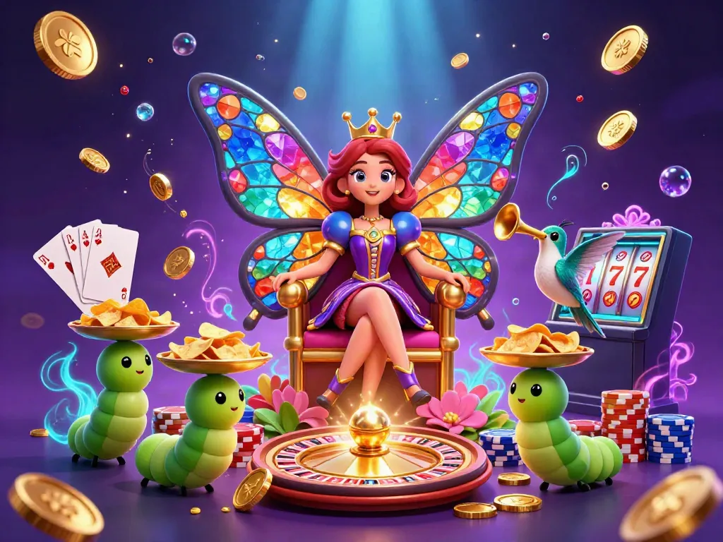 Experience the vibrant world of xo88 with a cartoon butterfly queen amidst dazzling casino elements.