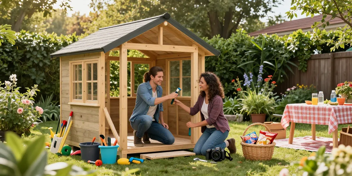 Gartenhaus kaufen: Ein Paar baut glücklich ihr neues Gartenhaus im Garten, umgeben von Pflanzen und Werkzeugen.
