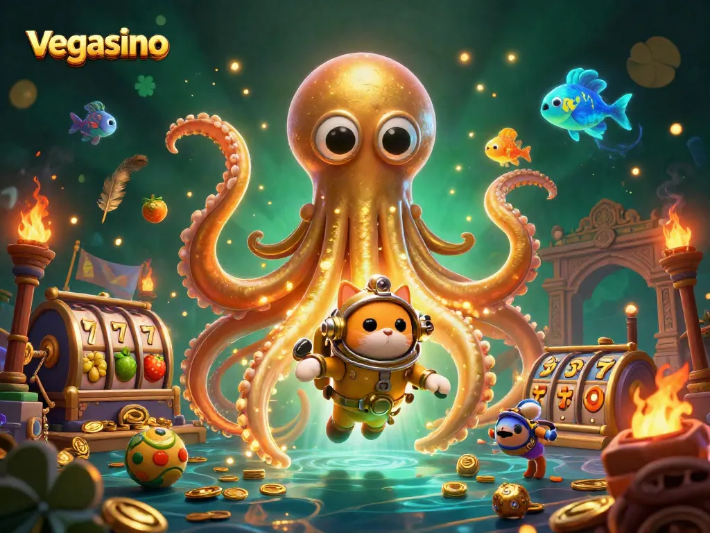 Experience thrilling gameplay at vegasino with a colossal kraken and diving cat in stunning detail.