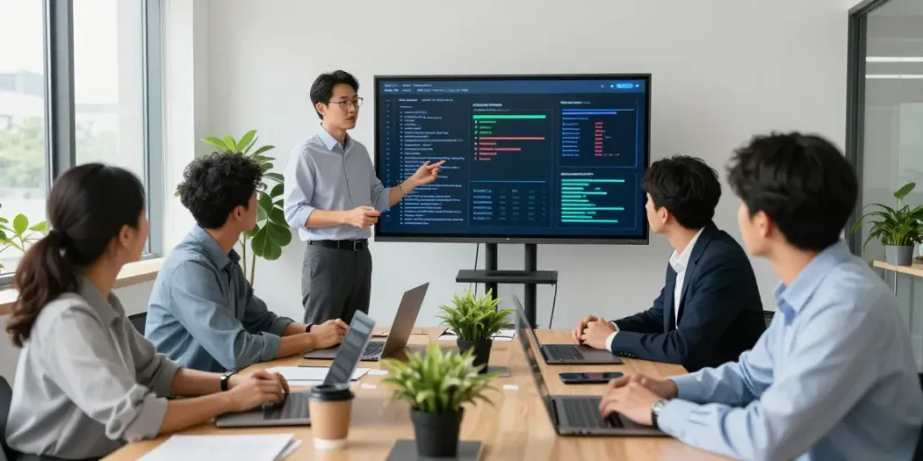 Professionelles IT Support Frankfurt Team entwickelt Cybersecurity-Strategien in einem modernen Büro.