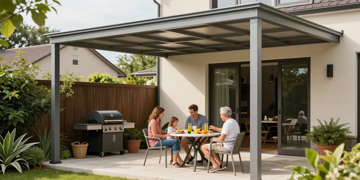 Moderne Terrassenüberdachung in einem Garten mit Familie und Pflanzen.