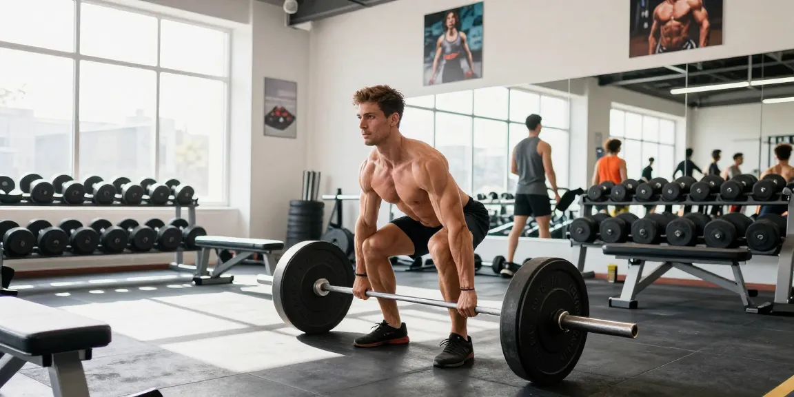 Selliza Shop - Athlet beim Gewichtheben in moderner Fitnessstudio-Atmosphäre, umgeben von Trainingsgeräten.