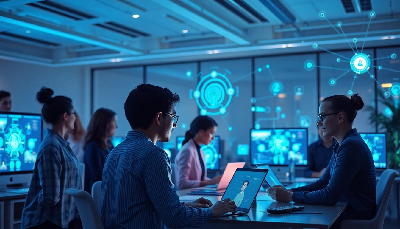 AI 18+ users interact in a futuristic tech workspace with safe, moderated digital environments.