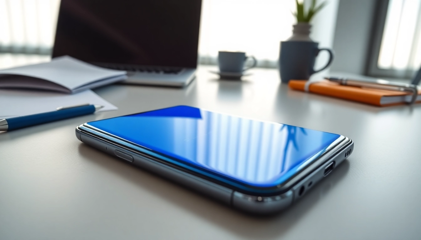 The Samsung Galaxy S8 smartphone displayed on a modern desk, showcasing its vibrant screen and sleek design.