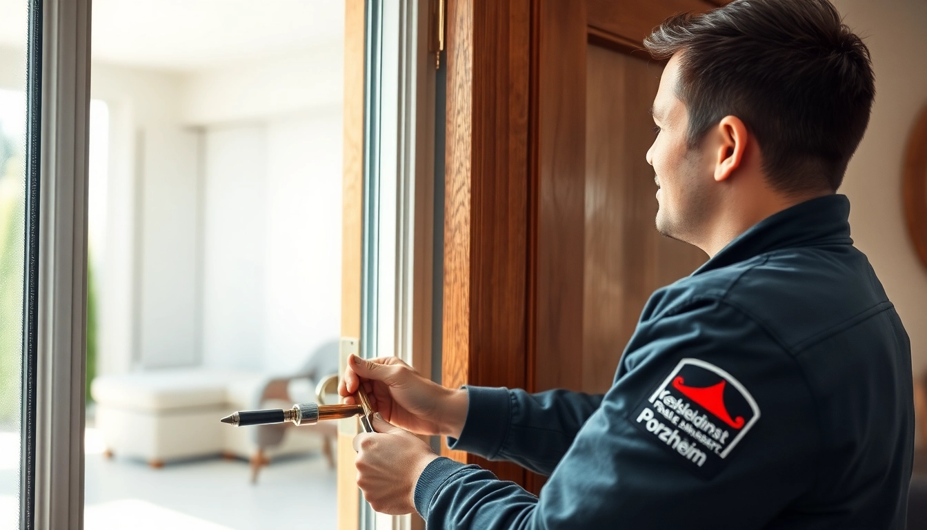 Schlüsseldienst Pforzheim – Professioneller Schlüsseldienst öffnet eine Tür ohne Beschädigung und demonstriert 24/7-Notdienst.