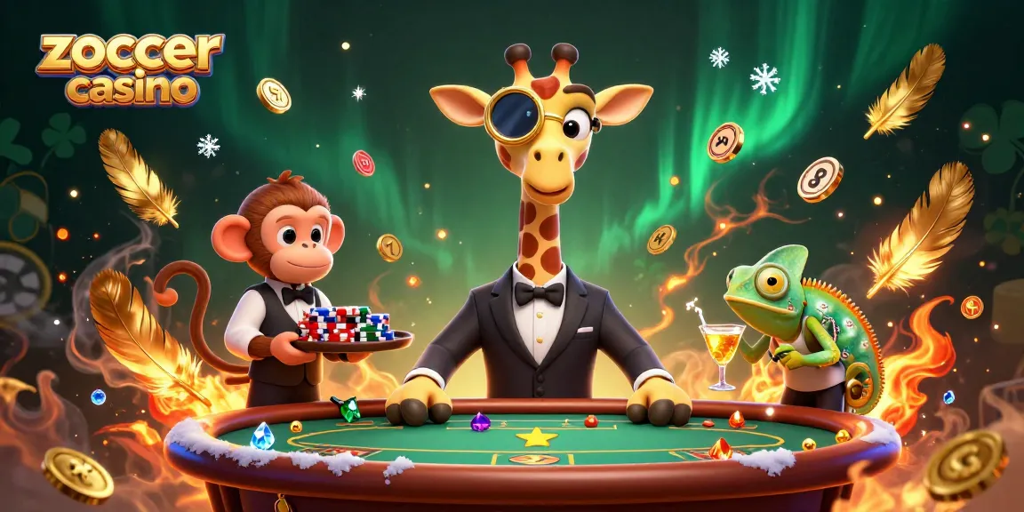 Zoccer casino showcases a lively 3D illustration featuring a high-roller giraffe at a poker table, enhancing the casino atmosphere.