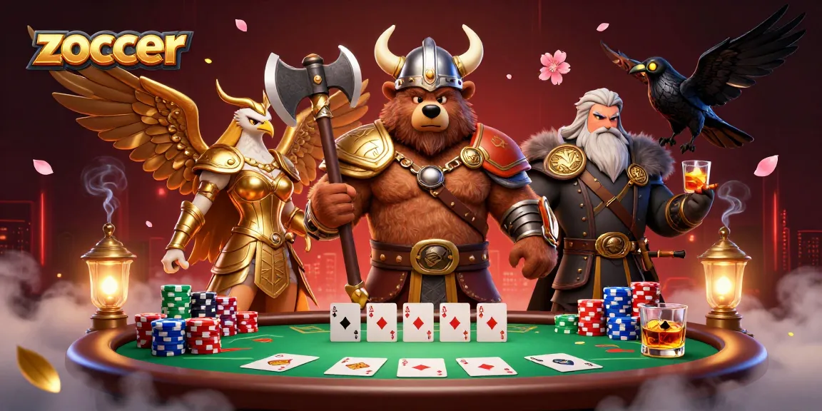 Zoccer inspires players with a vibrant casino scene featuring a Viking bear and Valkyrie amidst poker excitement.