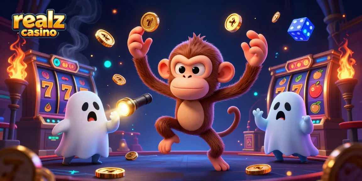 Engage in exciting gameplay at realz casino, where a mischievous monkey juggles golden treasures in a vibrant 3D casino.