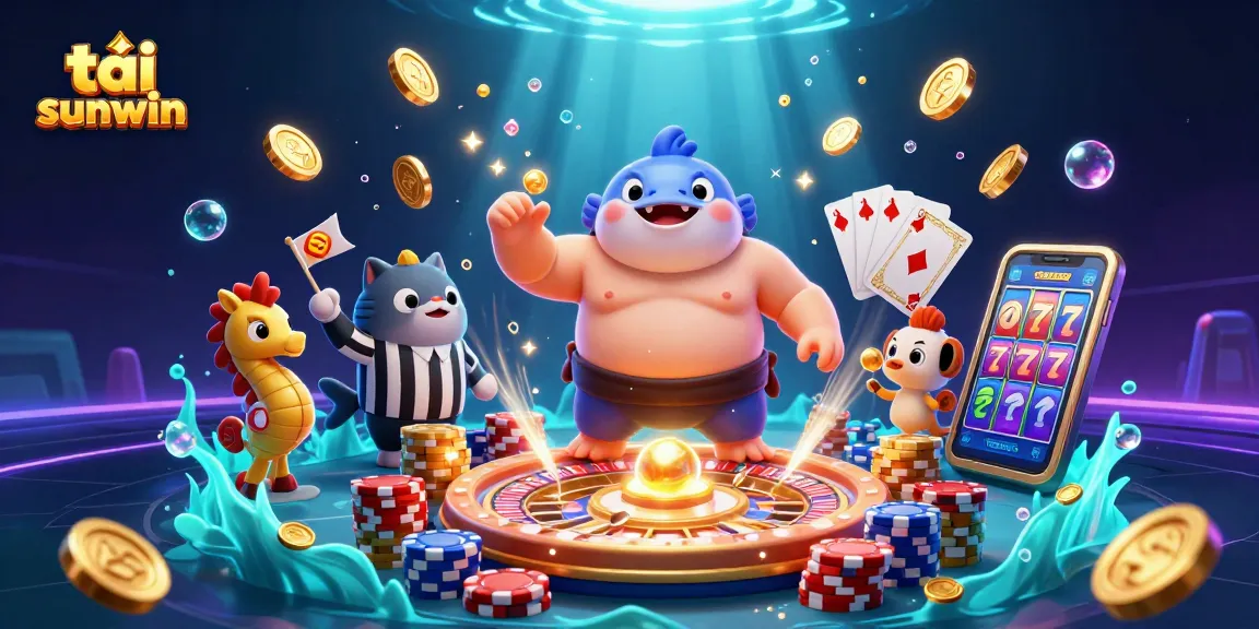 Experience the thrill of tải sunwin with vibrant casino elements in this underwater scene, showcasing a 3D fugu in action.