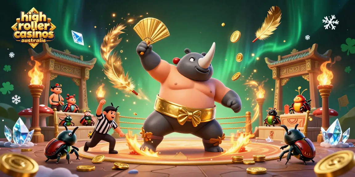 High roller casinos Australia showcase a thrilling 3D scene with a beetle champion and flying coins.